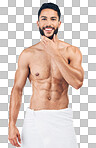 Skincare, beauty and portrait of man with towel in studio isolated on a png background. Wellness, body care and male model pose for facial cleanse, skincare products and hygiene for washing