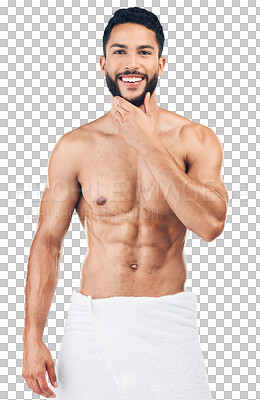 Skincare, beauty and portrait of man with towel in studio isolated on a png background. Wellness, body care and male model pose for facial cleanse, skincare products and hygiene for washing
