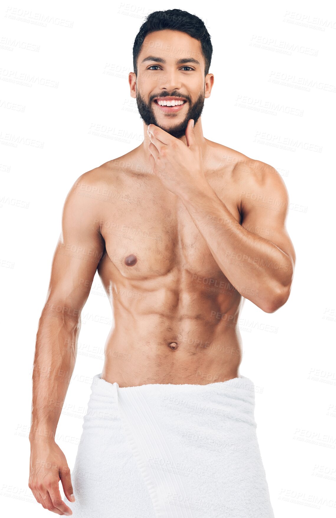 Buy stock photo Portrait, shower or happy man with six pack, body or smile isolated on transparent png background. Wellness, cleaning or fitness model with strong muscles, skincare or grooming for beauty in towel