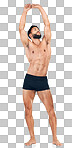 Body, man with muscle and strong for fitness and wellness, pose in underwear for health and exercise stretch. Healthy, workout and body care with bodybuilding mockup isolated on a png background