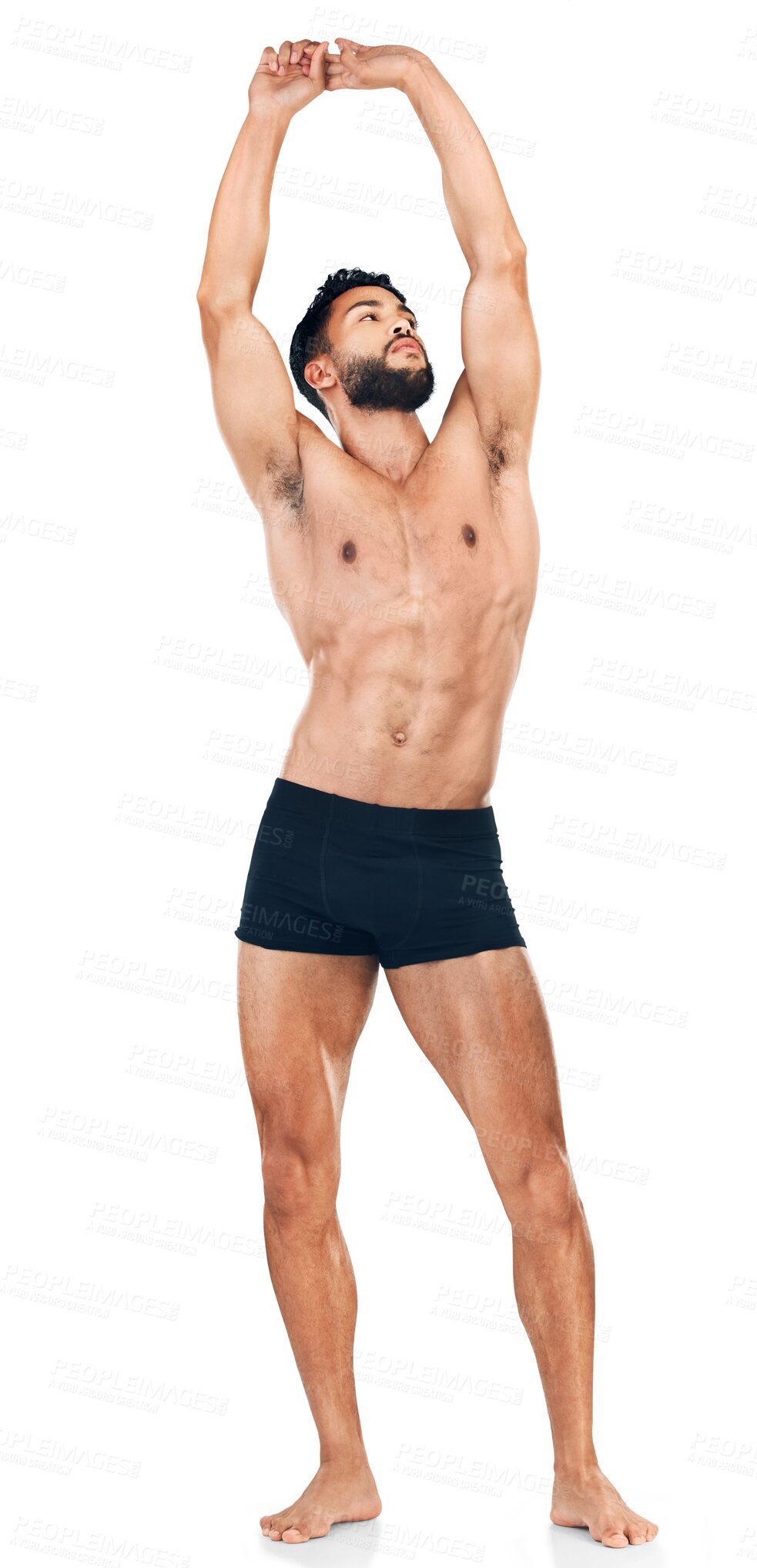 Buy stock photo Portrait, stretching or man for full body fitness or wellness after workout isolated on transparent png background. Arms warm up, six pack abs or healthy athlete with muscles in exercise or training