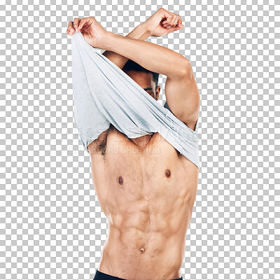Fitness, wellness and man remove tshirt getting ready for training and workout. Motivation, male model undress and take off clothes to show muscles, torso and body isolated on a png background