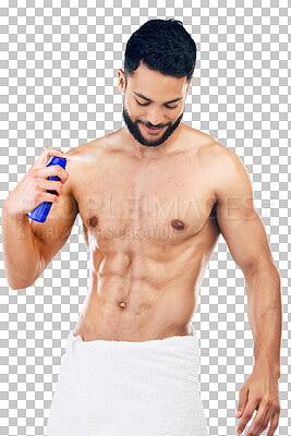 Spray, clean and body of a man with deodorant after a shower isolated on a png background. Wellness, happy and young model with a smile for a fragrance product, health and happiness for hygiene