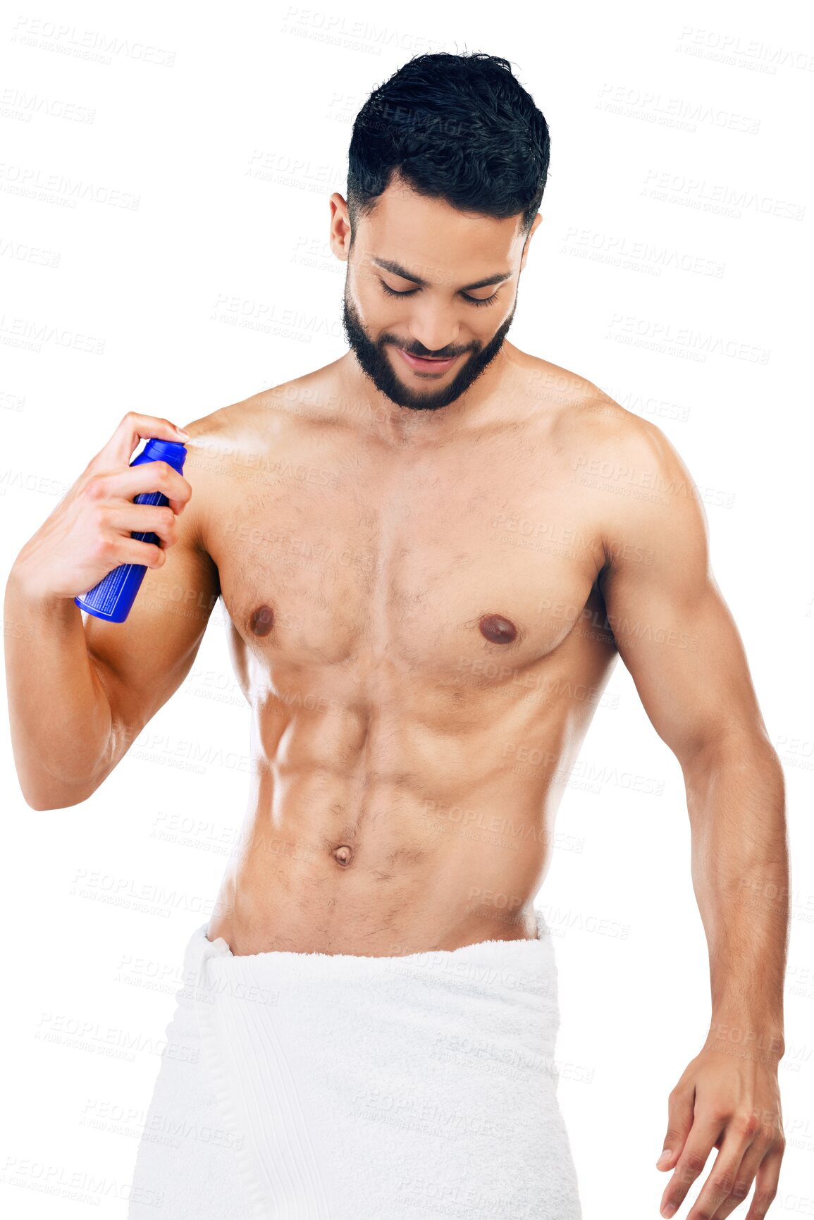 Buy stock photo Smile, deodorant and happy man spray for body hygiene, perfume and clean grooming product. Skincare, wellness and healthy model with fresh scent for cleaning isolated on transparent png background 