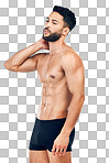 Health, muscle and body of underwear model with healthy lifestyle, wellness and fitness for body care goals. Training exercise, workout and man with strong abs or stomach isolated on a png background