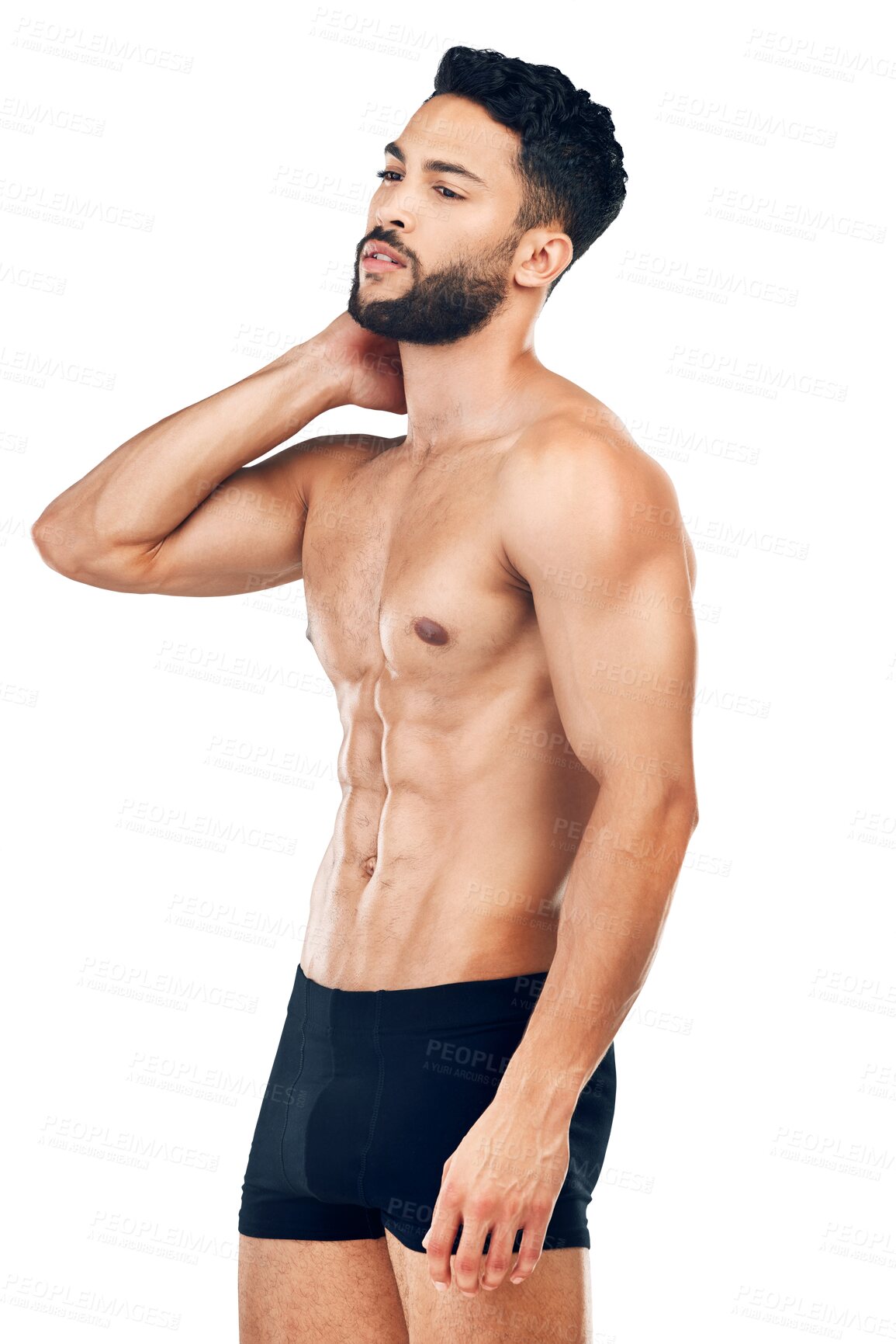 Buy stock photo Health, fitness and man in underwear on isolated, transparent and png background, confident and muscular. Body, training and Indian male model showing exercise, healthy lifestyle or workout results