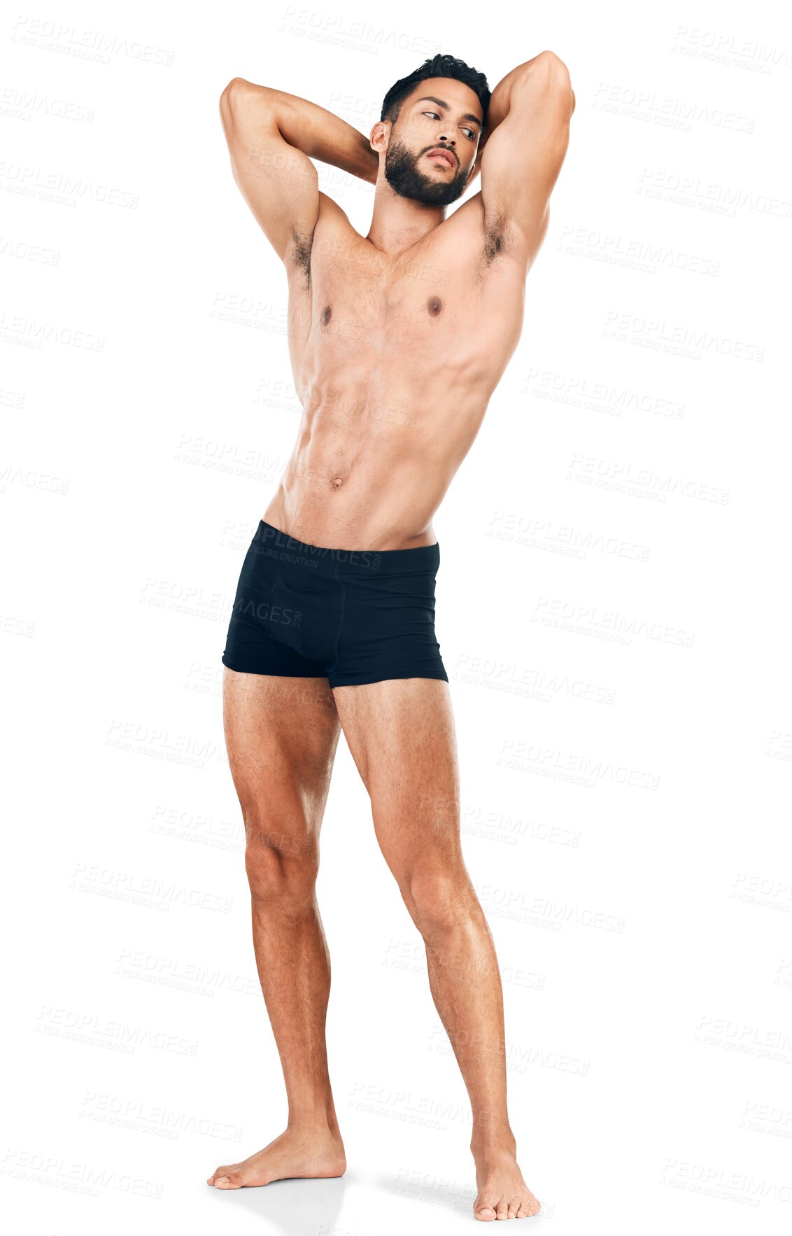 Buy stock photo Full body, model or man in underwear for fitness with abs isolated on transparent png background. Wellness, healthy or sexy bodybuilder flexing arms after exercise, workout or training strong body 