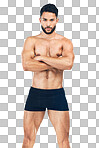 Fitness, body portrait and man with arms crossed in studio isolated on a png background. Health, wellness or serious fitness model from India ready for workout, training or exercise for bodybuilding