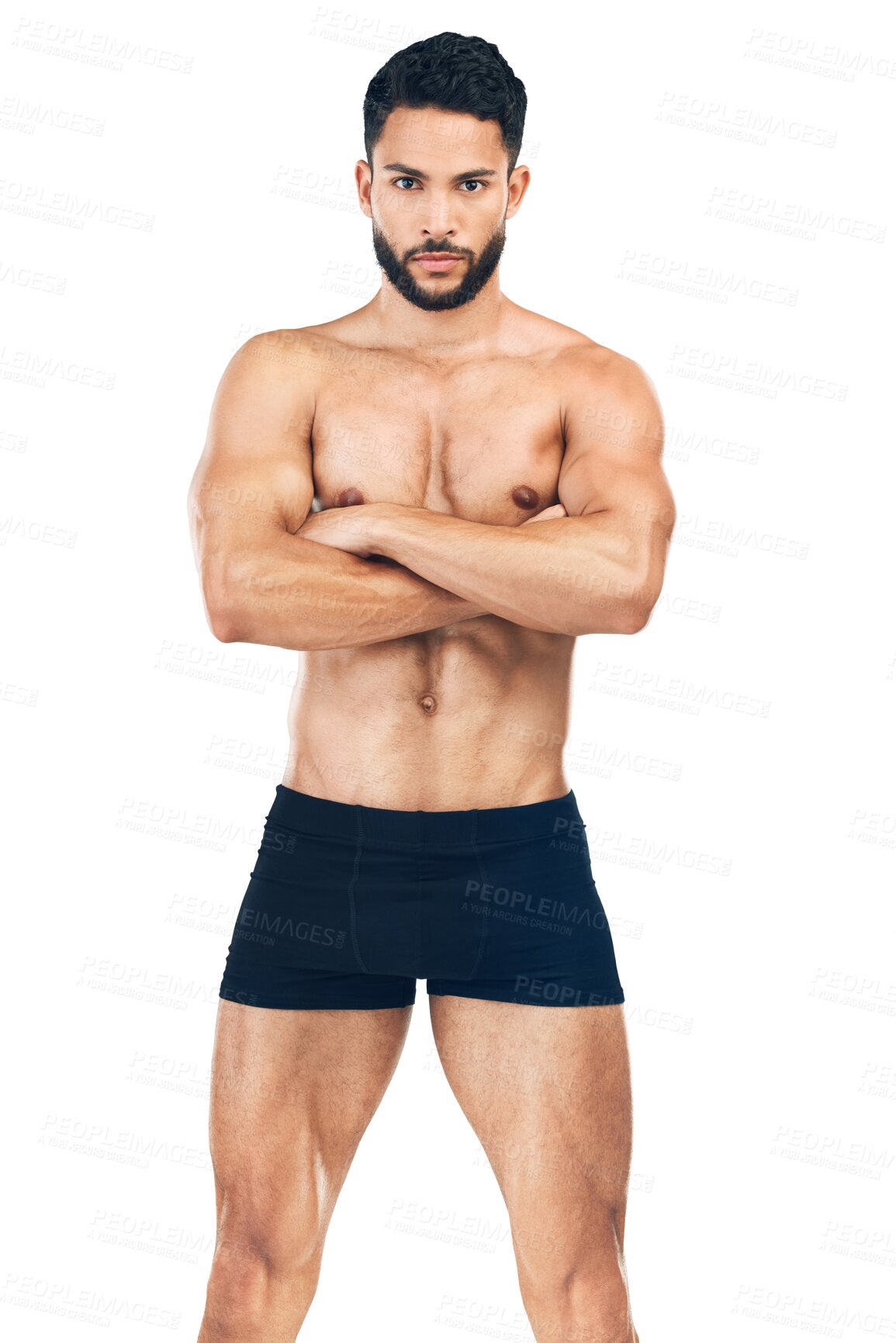 Buy stock photo Portrait, arms crossed or man in underwear for fitness after workout isolated on transparent png background. Male model, serious or healthy person or athlete with muscles after exercise or training