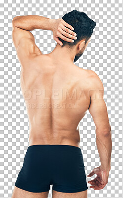 Back, body and underwear with a man model in studio isolated on a png background for health and wellness. Fitness, exercise and behind with a muscular male to promote healthy lifestyle