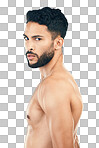 Fitness, body wellness and portrait of man pose for body care and health on isolated on a png background. Exercise, bodybuilding and profile of young male with serious face, muscles and strength