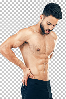 Fitness, health and body muscle of man isolated on a png background. Flexing abs, sports and strong male model or serious body builder with strength or power posing topless for wellness