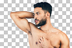 Fitness, bicep and man flexing in a studio for strength, health and wellness from exercise. Sports, workout and  guy with strength, power and muscles after training isolated on a png background