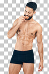 Health, fitness man and healthy diet with an orange for vitamin c and wellness with a fit body, smile and underwear. Male athlete with fruit for energy and self care isolated on a png background