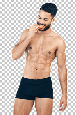 Health, fitness man and healthy diet with an orange for vitamin c and wellness with a fit body, smile and underwear. Male athlete with fruit for energy and self care isolated on a png background