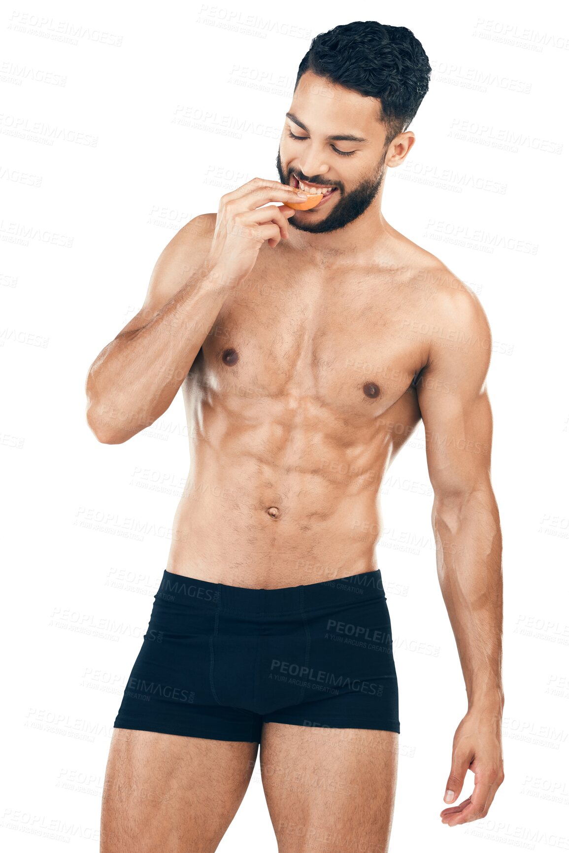 Buy stock photo Orange, fitness or man in underwear eating a healthy fruit in diet for vitamin c, self care or nutrition. Smile, six pack abs or model enjoying organic snack isolated on transparent png background 