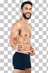 Body, waist and thumbs up with a man model isolated on a png background to promote weightloss or exercise. Portrait, fitness and diet with a young male measuring for health, success or motivation