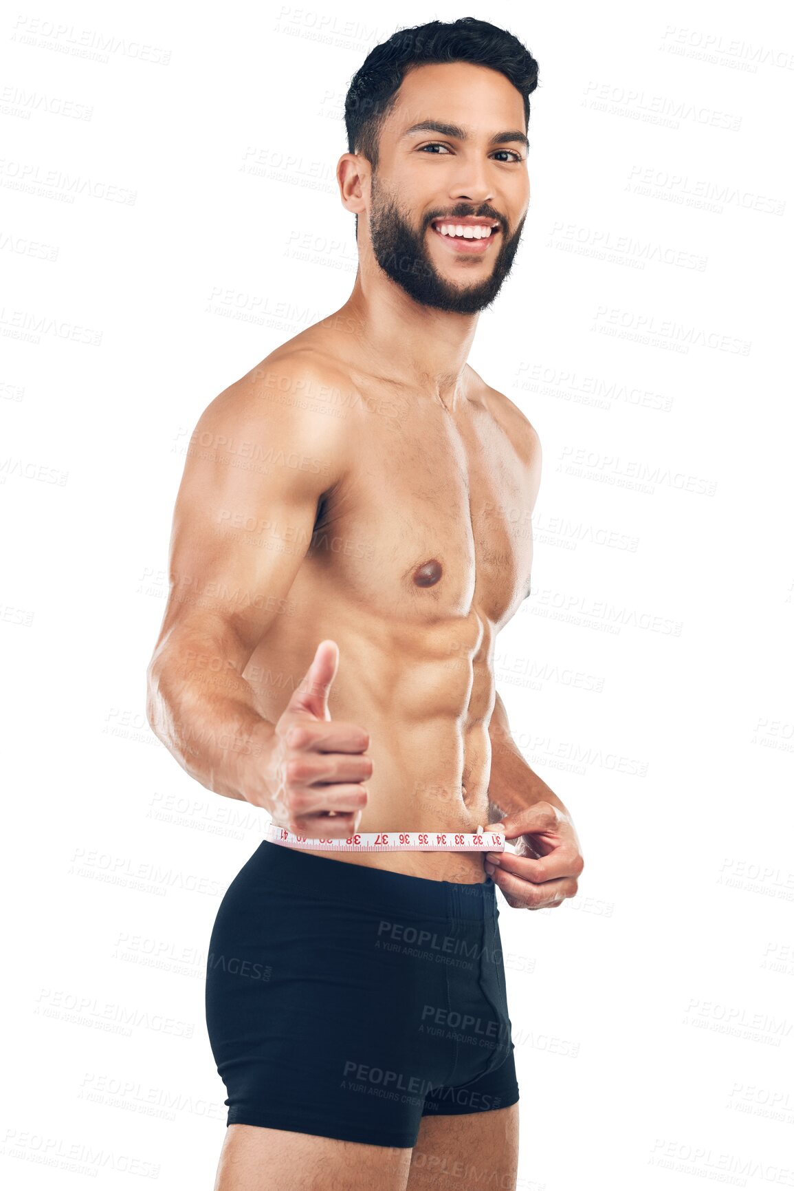 Buy stock photo Portrait, lose weight or happy man with thumbs up, tape or fitness isolated on transparent png background. Measure body, six pack abs or person with stomach muscles after exercise or training success