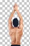 Sports man, stretching back muscle for swimming dive in fitness workout isolated on a png background. Bodybuilder spine with power pose, strong athlete stroke and exercise training health