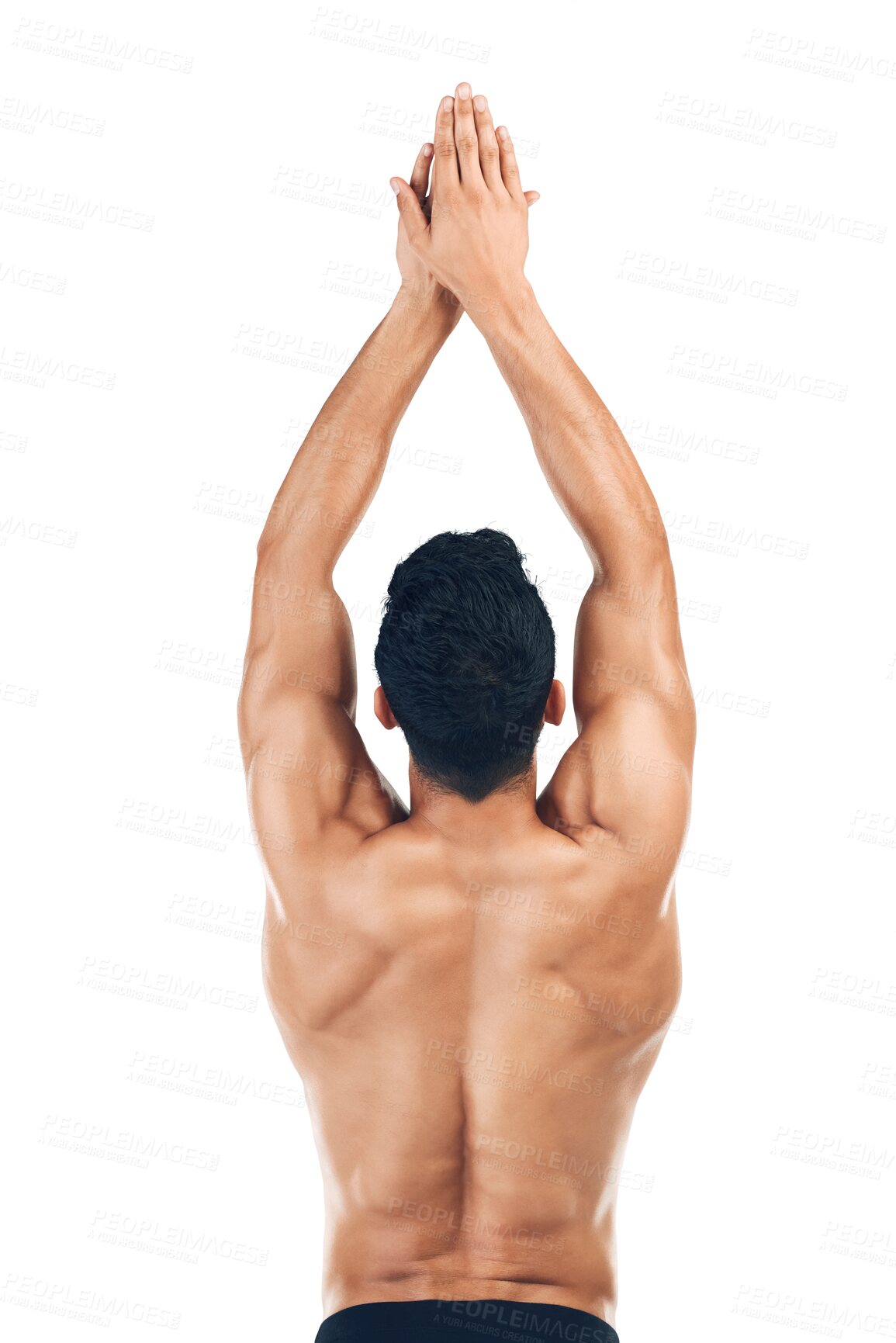 Buy stock photo Fitness, stretching and back of man in diving pose on isolated, transparent and png background. Body, stretch and behind athletic male prepare for exercise, workout or muscle training warm up routine