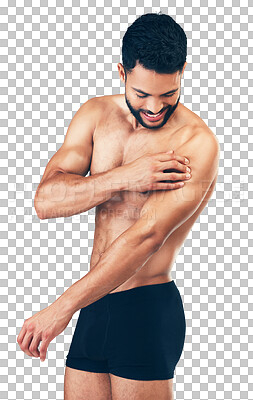 Fitness, body of man and arm injury after intense workout, training or exercise. Accident, healthcare and male model suffering from joint inflammation or muscle pain isolated on a png background