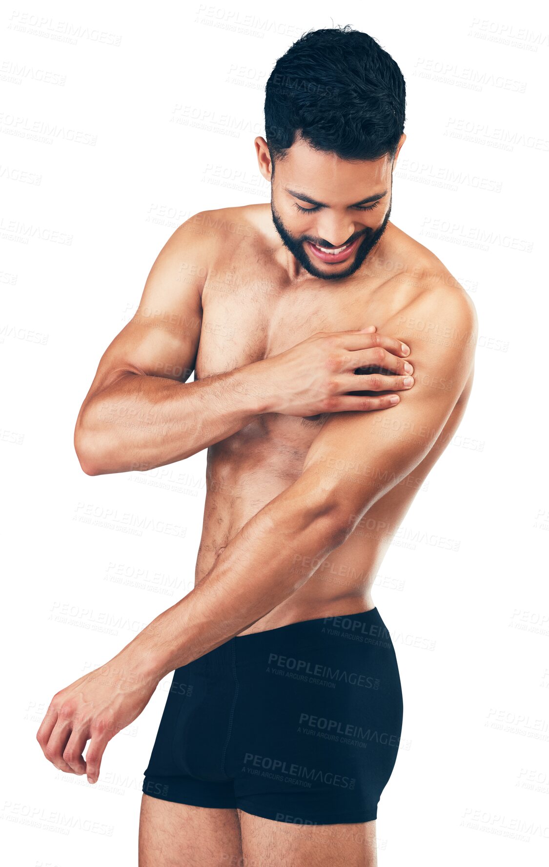 Buy stock photo Man with a shoulder injury or pain in underwear for fitness, sports or training isolated by transparent png background. Accident, hurt muscle and muscular male model holding sprain arm after workout.