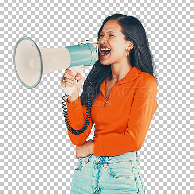 Megaphone, protest and woman shouting about sales and deals while isolated on a transparent, png background. Hispanic, female activist and yelling about empowerment, support and human rights