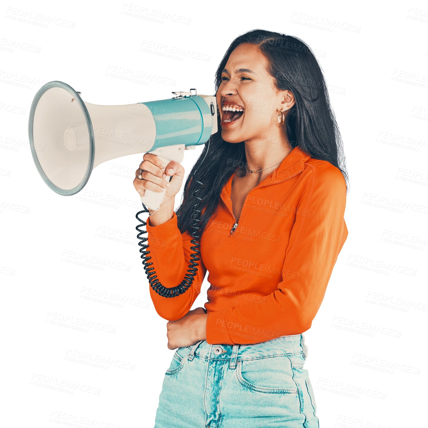 Buy stock photo Protest, megaphone or black woman with justice, shouting or support isolated on transparent background. Female protester, feminist leader or person with loudspeaker, human rights or equality with png