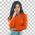 Portrait, confident and serious woman with fashion and style isolated on a png, transparent background. Fashionable, aesthetic and proud hispanic female with a stylish, contemporary pose