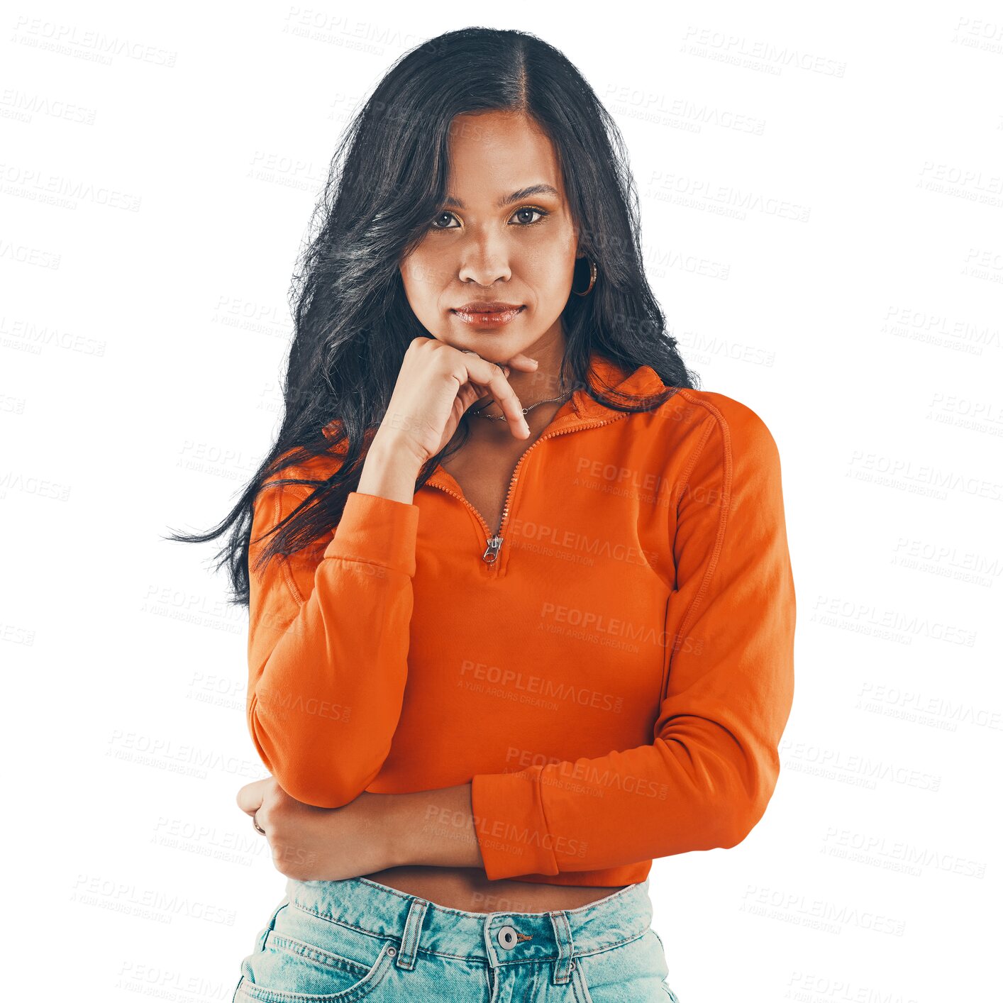 Buy stock photo Portrait, confident and serious woman with fashion and style isolated on a transparent PNG background. Fashionable, beautiful and proud female standing or posing in confidence with stylish clothing