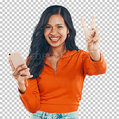 Portrait, peace sign and happy woman with phone for good news online on social media. Isolated, transparent png background and v sign with an excited hispanic female scroll on cellphone internet