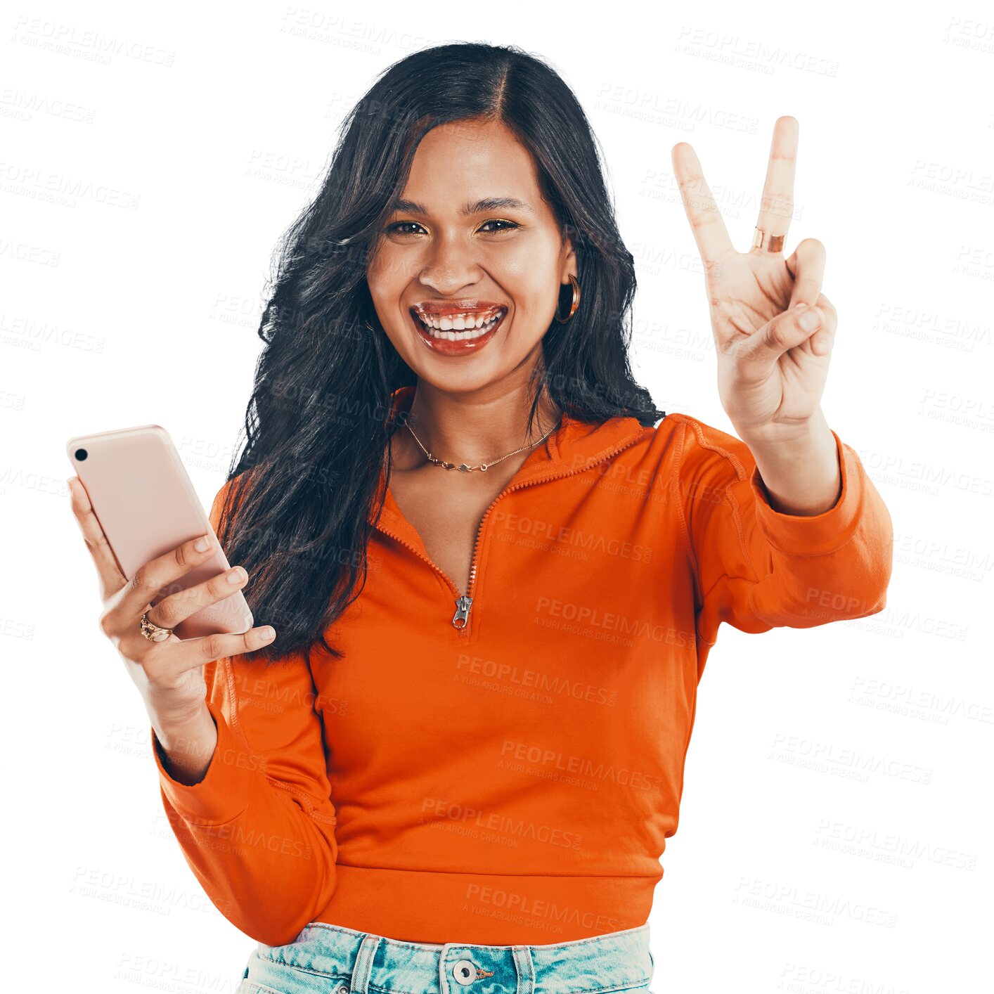 Buy stock photo Portrait, peace sign and woman with smile or smartphone on hand or good news online and isolated on transparent png background. Happy girl, mobile and social media for text or v gesture on web 