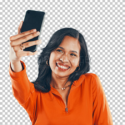 Smile, selfie and stylish woman with online photo in a fashionable outfit while isolated on a png background. Transparent, cellphone and hispanic female taking a picture for social media