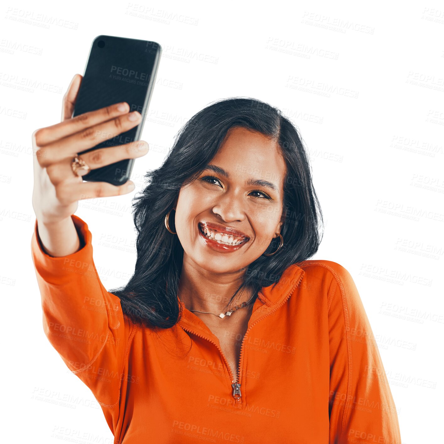 Buy stock photo Selfie, smile and woman taking picture isolated on transparent png background. Photograph, happiness and female person taking profile photo for social media, happy memory or blog post for influencer.