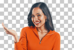 Portrait, hand space gesture and happy woman pointing for product promotion while isolated on a png, background. Happiness, product placement and hispanic female with a marketing hands sign