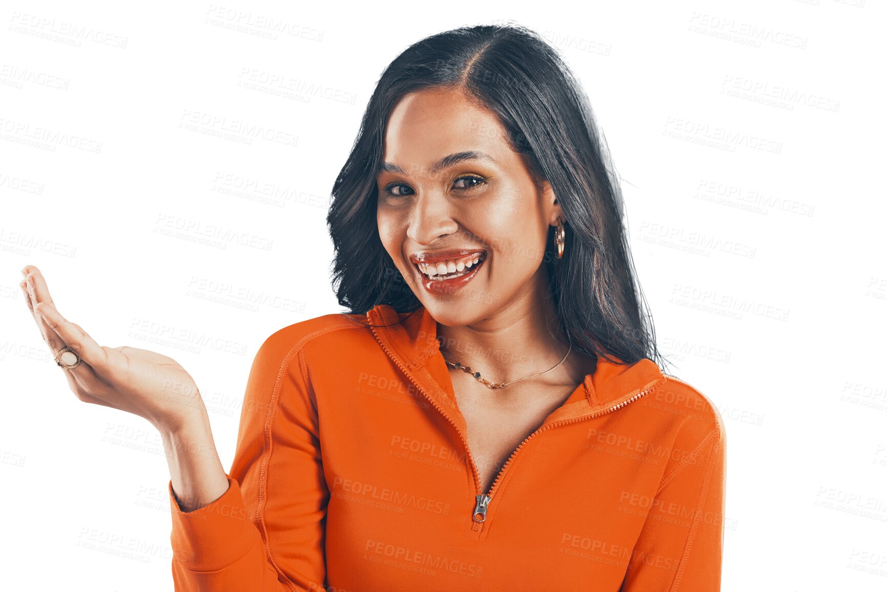 Buy stock photo Portrait, space hand gesture and happy woman for promotion of product isolated on transparent png background. Happiness, showing and a female person with hands for branding, logo and sale offer