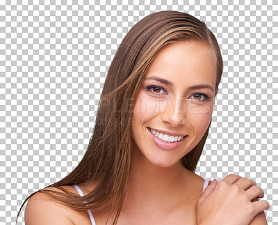 Cosmetic, happy and portrait of a woman with a makeup, face or natural routine on an isolated and transparent png background. Beauty, cosmetics and young female model from Brazil with skin treatment
