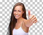 Thumbs up, excited and portrait of a woman with achievement on an isolated and transparent png background. Success, smile and model with a hand emoji sign for agreement, win and goal