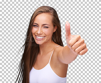 Buy stock photo Thumbs up, woman portrait and skincare isolated on transparent, png background for like, success or thank you. Face of model or happy person winning, yes and okay hands and wink for certified makeup