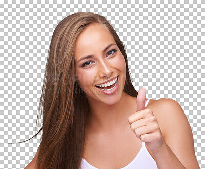 Thumbs up, woman portrait winning, success or goal achievement on isolated, transparent png background. Yes, ok and winner or model face or hand sign for target goals, emoji like and happy, good vote