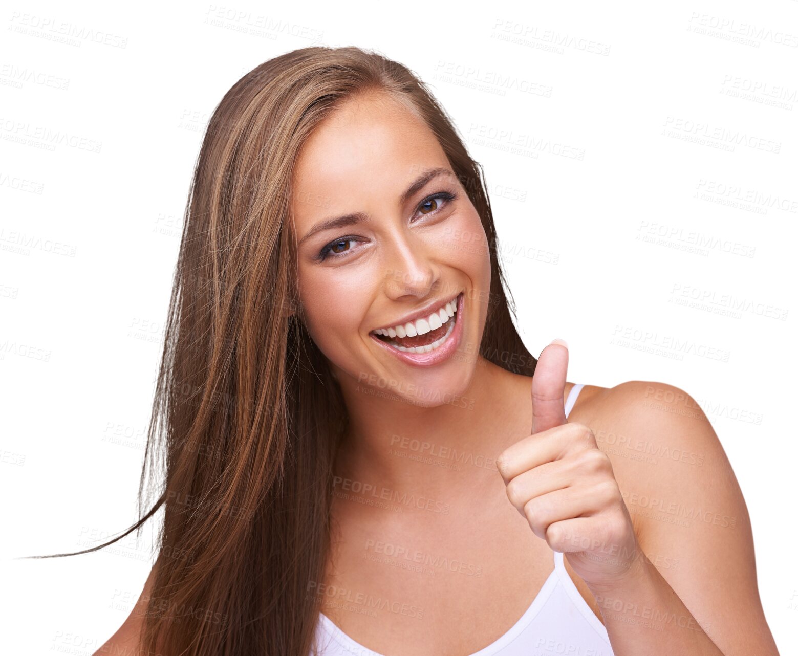 Buy stock photo Thumbs up, beauty and portrait of happy woman isolated on transparent png background, yes for skincare and cosmetics. Agreement, wellness and model with smile on face, healthy skin and happiness.