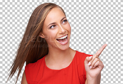 Buy stock photo Happy, excited and woman pointing, thinking and ideas isolated on a transparent background. Female person, model or girl with hand gesture, excitement and direction with decision, png and opportunity