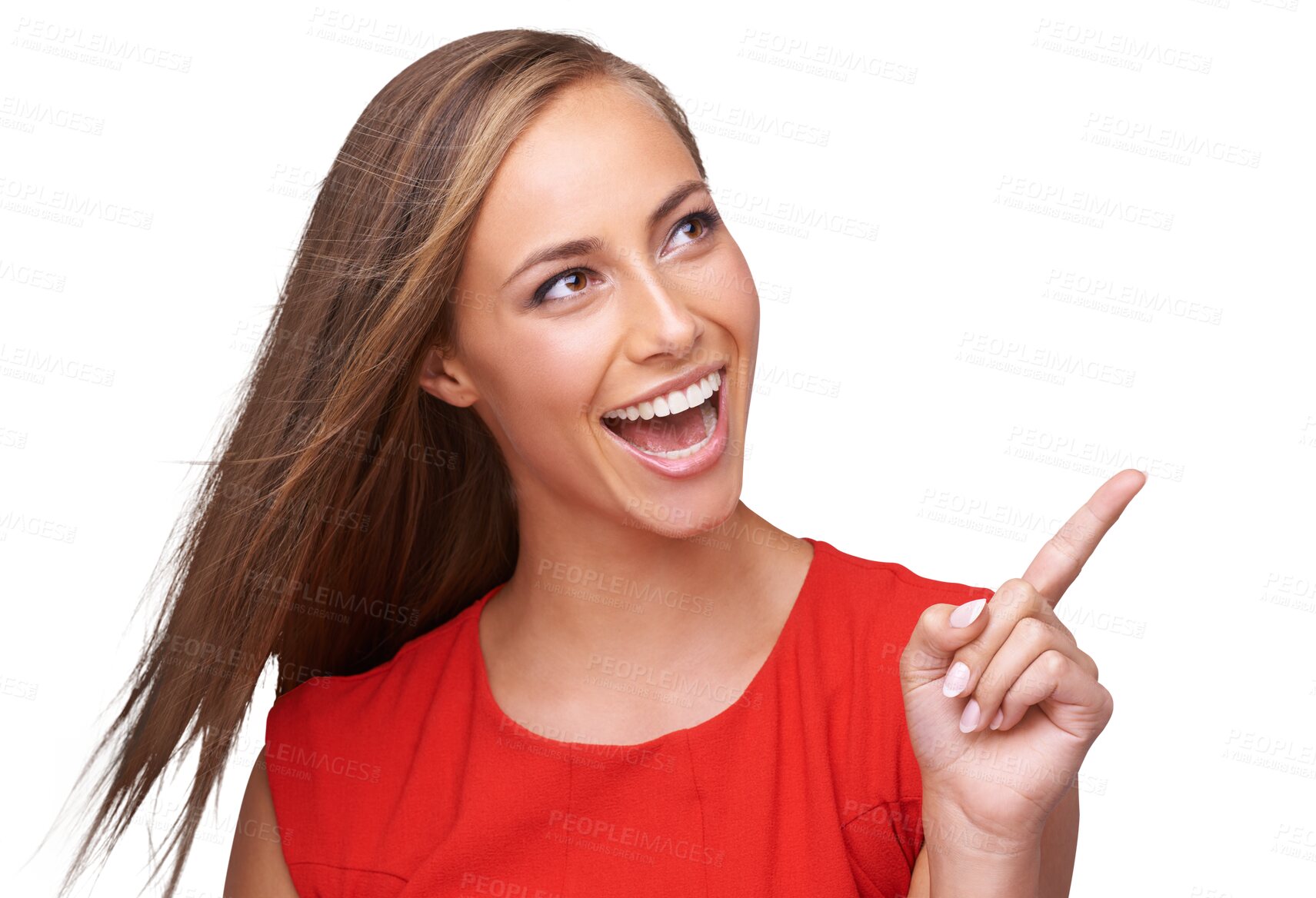 Buy stock photo Happy, excited and woman pointing, thinking and ideas isolated on a transparent background. Female person, model or girl with hand gesture, excitement and direction with decision, png and opportunity