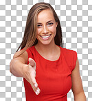 Handshake, portrait and happy woman with a smile for greeting, agreement or welcoming on an isolated and transparent png background. Happiness, friendly and female model with a shaking hands gesture