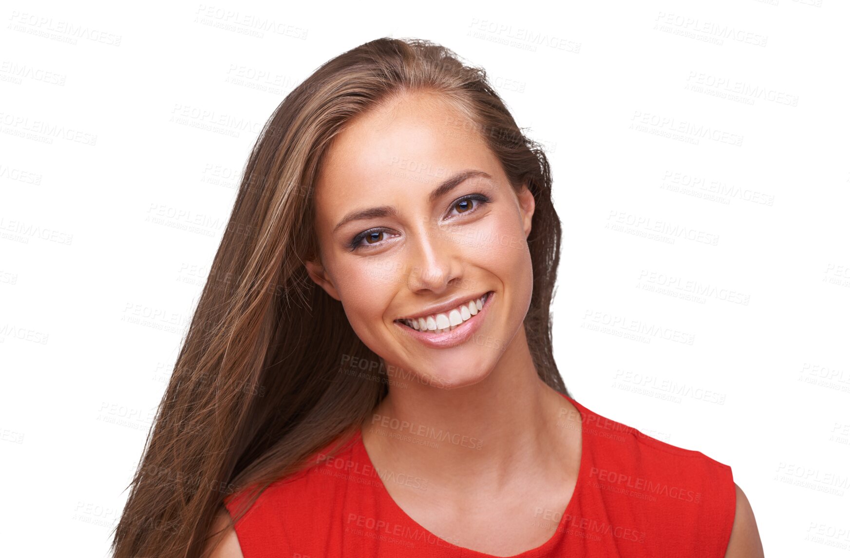Buy stock photo Smile, perfect teeth and portrait of a young woman isolated on a transparent png background. Professional female model, happy face and showing oral care, healthy happiness and person with cosmetics