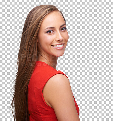 Happy, smile and portrait of a woman with a beauty, makeup and cosmetic face on an isolated and transparent png background. Beautiful, young and natural female model looking over shoulder