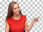 Pointing finger and portrait of woman for marketing, fashion and advertising on an isolated, transparent png background. Beauty, retail and model with copy space for deal, sale and product placement