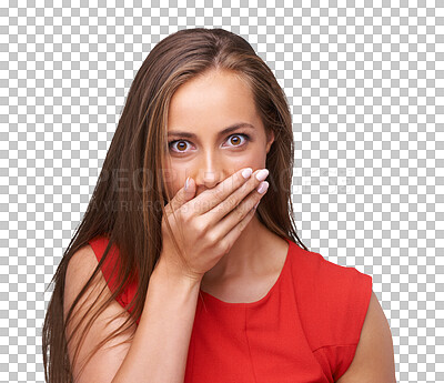 Woman, portrait and face with surprise, shocked and wow emoji with hand covering mouth while speechless on isolated, transparent png background. Excited model for fake news, secret and announcement