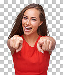 Choice, portrait and smile of a woman pointing at you for accountability on an isolated and transparent png background. Excited, happy and hand of a girl model with a finger gesture for a decision