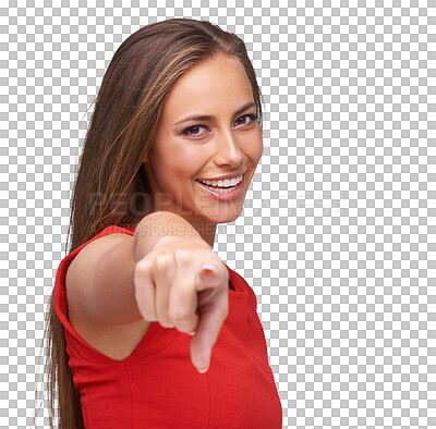 Choice, smile and portrait of a woman pointing at you for accountability on an isolated and transparent png background. Excited, happy and hand of a girl model with a finger gesture for a decision